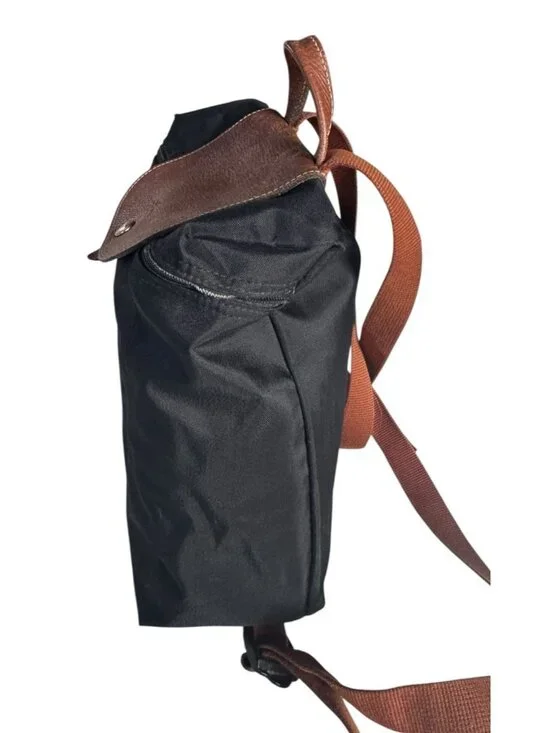 Longchamp Le Pliage Mini Backpack Black Canvas Brown Leather Flap - Picture 4 of 15